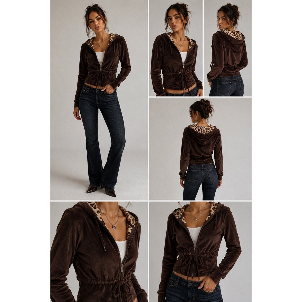 Silverwear Velour Hoodie Women XL Brown Leopard Print Zip Up Hooded